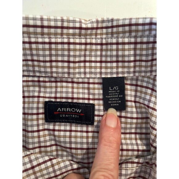 Arrow Dress Shirt Men L Redish/Beige/Multicolor Plaid Button-Down - EUC - Picture 3 of 4